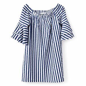 Ces Femme Blue White Striped Off Shoulder Ruffle Sleeve Dress (Large)